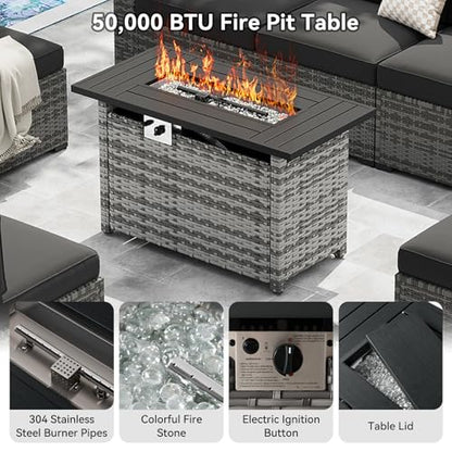 8-Piece Wicker Outdoor Patio Furniture Set with 44" Fire Pit Table