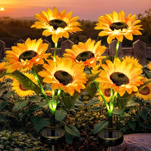 GIGALUMI Solar Garden Lights Artificial Sunflowers, LED Garden Decor Carefree Sunflower Solar Lights Outdoor Yard Decorations Outdoor, Everlasting Sunflower Decor Gift for Yard Patio (Set of 2)