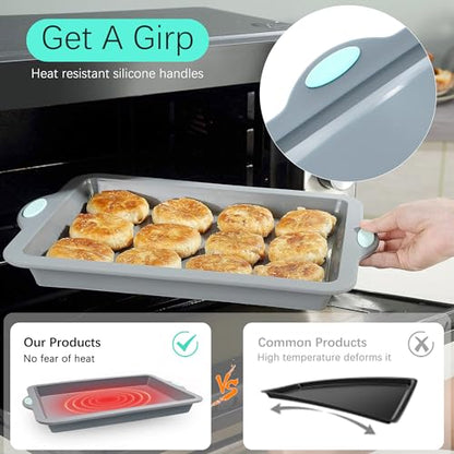 To encounter Silicone Baking Pans Set, 4 Pieces Nonstick Bakeware Set with Baking Pans, Baking Sheets, Cookie Sheets, Cake Pan with Metal Reinforced Frame More Strength, Light Grey