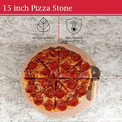 Pizza Stone - 15-Inch Pizza Stone for Oven or Grill with Cutter and Metal Serving Rack/Handles - Oven Accessories by Classic Cuisine