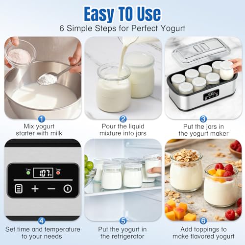 Yogurt Maker with Auto-Shut off and Adjustable Time & Temp Control, Yogurt Maker Machine Make Healthy Yogurt with Full Probiotics for Family, Friends, Perfect Gift, 8x6oz Jars