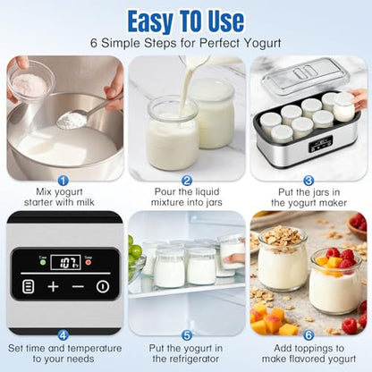 Yogurt Maker with Auto-Shut off and Adjustable Time & Temp Control, Yogurt Maker Machine Make Healthy Yogurt with Full Probiotics for Family, Friends, Perfect Gift, 8x6oz Jars