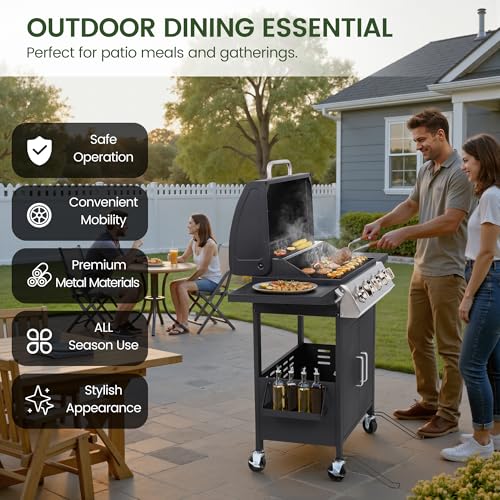 HUGROVE 4-Burner Propane Gas BBQ Grill, Upgraded 40,000 BTU Stainless Steel Barbecue Grill with Foldable Side Tables, Spice Rack & Wheels for Outdoor Cooking
