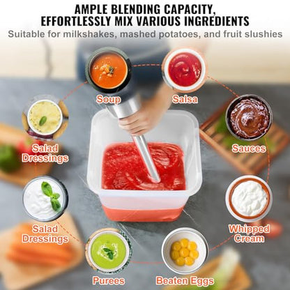 VEVOR Commercial Immersion Blender, 750W 16" Heavy Duty Hand Mixer, Variable Speed Kitchen Stick Mixer with 304 Stainless Steel Blade, Multi-Purpose Portable Mixer for Soup, Smoothie, Puree, Baby Food