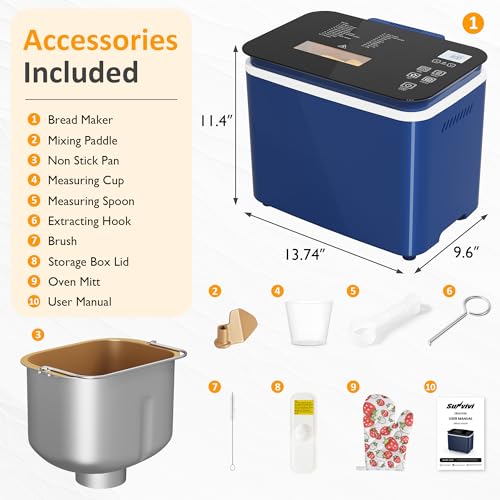 SUNVIVIPRO 21-in-1 Programmable Bread Machine, 2.2LB Break Maker with Nonstick Pan & Digital Touch Panel, 3 Loaf Sizes 3 Crust Color, Keep Warm & 15H Timer, Bread Making Kit & Breakfast Maker, Blue