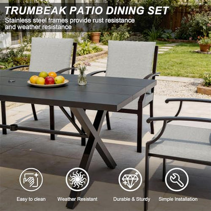 Trumbeak 10 Pieces Patio Dining Set,Metal Outdoor Furniture Set Includes 13.6FT Grey Umbrella,Hole Cut-Out 78.7" x 35.4" Table and 8 Metal Backrest Chairs for Backyard,Garden,Grey