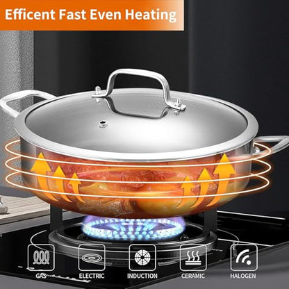 DELARLO Saute Pan 8QT, Frying Pan Nonstick with Lid, Tri-ply Stainless Steel Skillet, Large Braiser Induction, Everyday Pans, Heavy Duty Style, Compatible with All Cooktops Up to 660℉