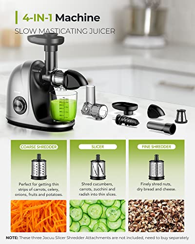 Juicer, Jocuu Slow Masticating Juicer Machines Easy to Clean, Soft/Hard Two Speed Quiet Motor Reverse Function Anti-Clogging, Cold Press Juice Extractor with Brush & Recipes