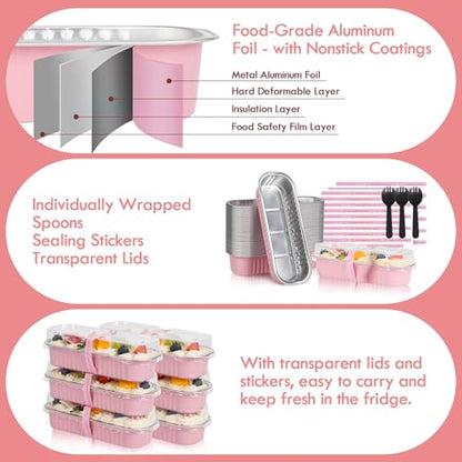 YQER 100 Pack Mini Loaf Pans with Lids and Spoons Sealing Sticker, 6.8oz Mini Cake Pans for Baking, Disposable Aluminum Foil Loaf Pans, Pink Loaf Baking Pans, Small Cake Containers With Lids
