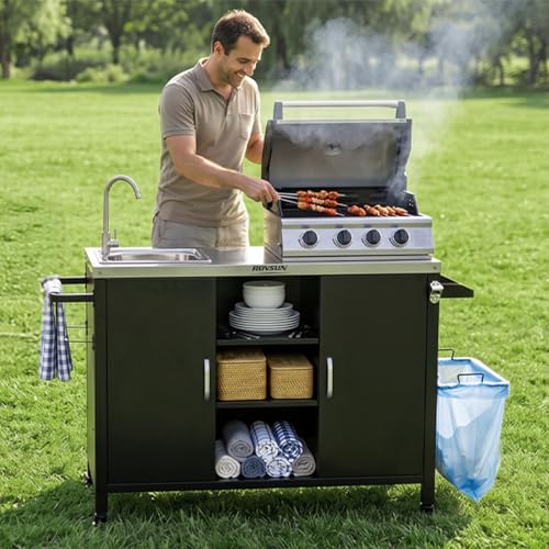 ROVSUN Outdoor Grill Cart with Sink, 304 Stainless Steel Sink with Gas Storage Area, Rolling Kitchen Prep Table with Cabinet, Paper Rack, Rubbish Rack, for Backyard Cooking, Gardens, Patio