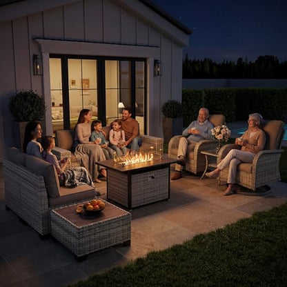 Muphyers 10-Piece Outdoor Patio Furniture Set with Rocking Swivel Chair, PE Wicker Rattan Sectional Sofa Patio Conversation Set with 55,000 BTU Fire Pit Table & Coffee Table, Dark Grey