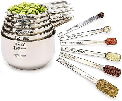Simply Gourmet Measuring Cups and Spoons Set of 12 – 18/10 Stainless Steel Kitchen Gadgets – Stackable Design with Long Handle Spoons – Fits in Jars – Cooking & Baking Measuring Set for Dry & Liquid