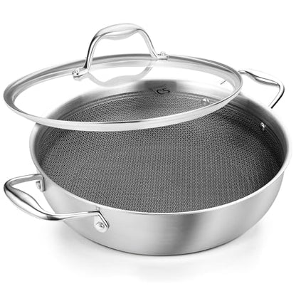 KOCH SYSTEME CS Triply Stainless Steel Saute Pan 12 Inch, Nonstick Hybird Stainless Steel Saute Pan with Lid, 6 Quart Deep Frying Pan with Honeycomb Interior, 18/10 Steel Pans, Induction Compatible