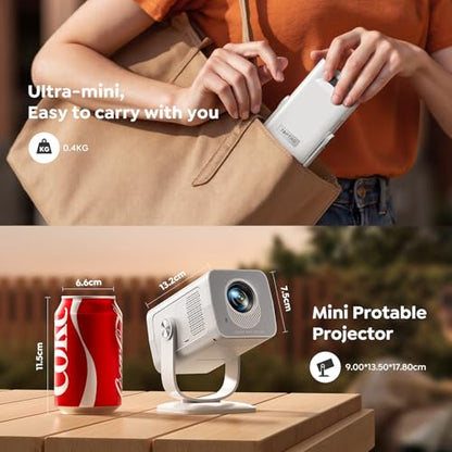 Mini-Projector with WiFi6 and Two-Way Bluetooth5.4, 1080P 4K Support, [Built-in Apps & 2026 Android 14] Portable Outdoor Movie Proyector for Bedroom, Auto Keystone & 270° Rotation for Phone/HDMI/USB