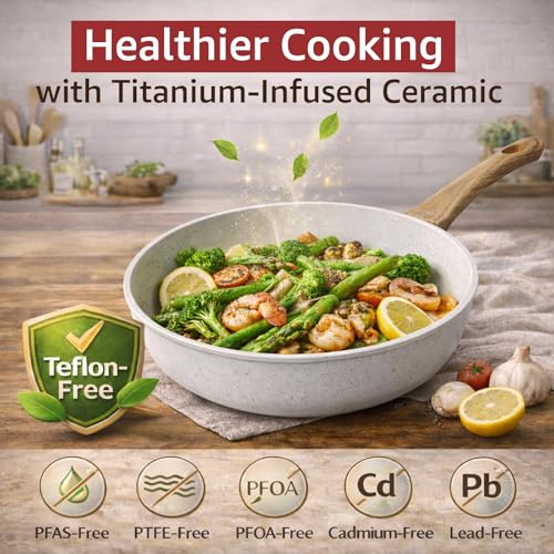 Bazova 24-Piece Pots and Pans Set Non Stick, Titanium-Reinforced Ceramic Cookware Set, Long-Lasting Nonstick,Non Toxic PFAS-Free, Induction Compatible, Complete Kitchen Set for Everyday Cooking
