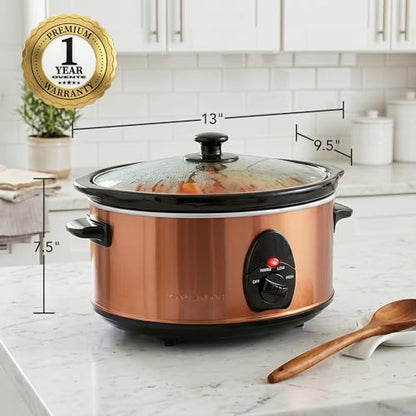 OVENTE Electric Slow Cooker with 3 Cooking Settings, Non-Stick and Dishwasher Safe Stoneware, Stainless Steel Body, Glass Lid, 3.7 Qt Oval Pot for Entrees, Soups, Sauces, Stews & Dips, Copper SLO35ACO