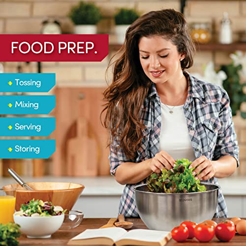 Belwares Mixing Bowls with Lids Set of 5 - Stainless Steel Mixing Bowl Set, Nesting Metal Bowls with Non Slip Bottoms + 3 Grater Attachments, Airtight Lids for Baking, Food Prep + Storage, Black