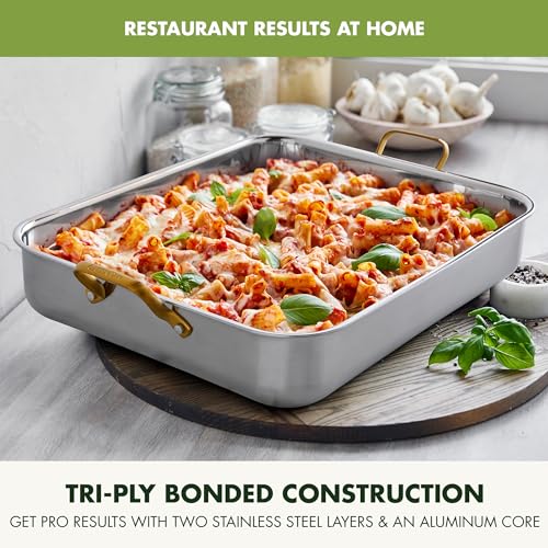 GreenPan Reserve 16" x 13" Tri-Ply Stainless Steel Roasting Pan with Roaster Rack, Multiclad Cookware, Induction Suitable, Gold Stainless Steel Handles, Dishwasher & Oven Safe, Silver