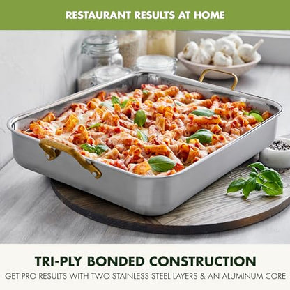 GreenPan Reserve 16" x 13" Tri-Ply Stainless Steel Roasting Pan with Roaster Rack, Multiclad Cookware, Induction Suitable, Gold Stainless Steel Handles, Dishwasher & Oven Safe, Silver