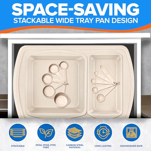 Stackable Baking Pan Set - Deluxe Nonstick White Marble Coating, Carbon Steel Bakeware Sets, PFOA, PFOS, PTFE Free, Recipe Booklet Included, Oven Safe (Up to 450°F), Set of 7 - White