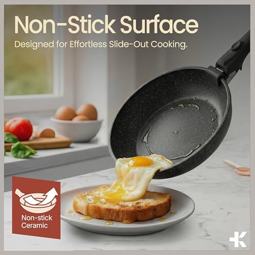 Pots & Pans Set Non Stick Ceramic-Granite – 15-Piece Cookware with Detachable Handles, Stackable Space-Saving, Dishwasher Safe, Oven & All-Stove Safe, Tempered Glass Lids, Black Granite