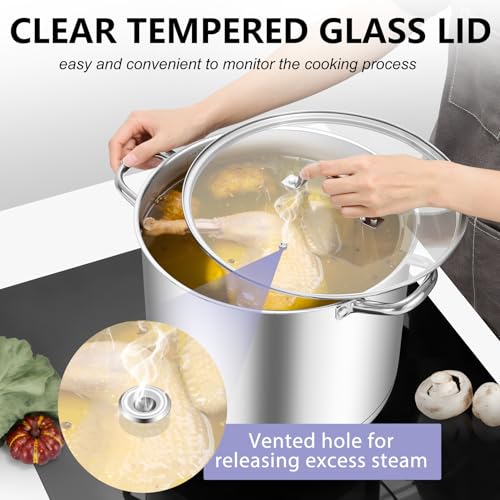 TeamFar Stainless Steel Stock Pot, 14QT Tri-ply Bottom Stockpot Large Cooking Soup Pot with Lid, for Induction Gas Electric Glass Tops, Non Toxic & Sturdy, Straight Sidewall & Various Stovetops Safe