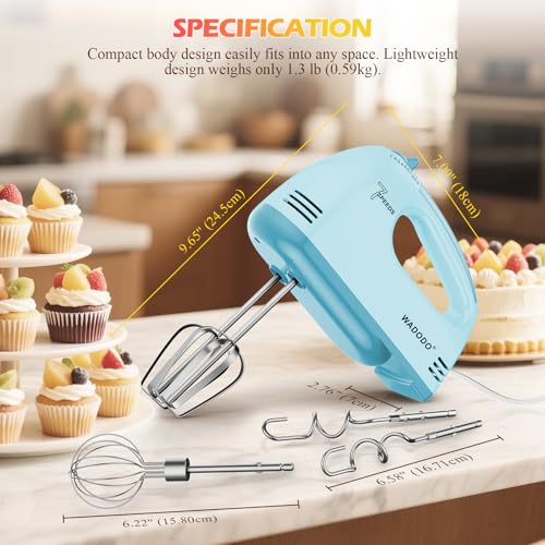 WADODO 7-Speed Electric Hand Mixer – Portable Food Mixer Kitchen Mixer with 304 *(1x Whisk, 2x Beater, 2x Dough hook) for Baking Cakes, Cream, Cookies, BLUE