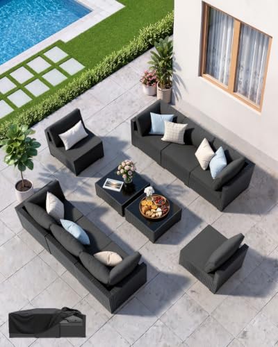 LAWNOOK Patio Furniture Set - All-Weather - 10 Piece Patio Outdoor Conversation Set, Modular Wicker Rattan Sectional Sofa for Backyard, Garden, Poolside, Balcony, Porch, Patio, Black/Dark Gary