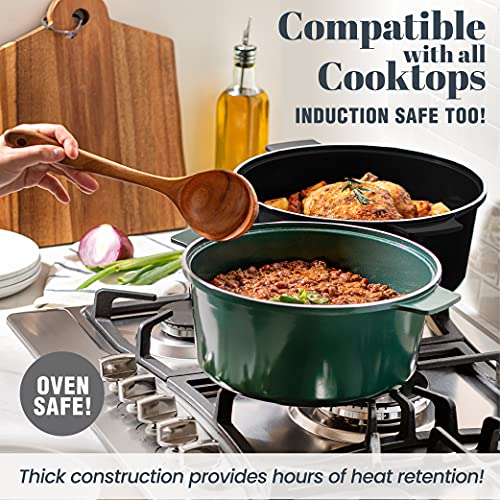 Granitestone Dutch Oven, 6.5 Quart Ultra Nonstick Enameled Lightweight Aluminum Dutch Oven Pot with Lid, Round 6.5 Qt. Stock Pot, Dishwasher & Oven Safe Induction Capable 100% PFOA Free, Emerald Green