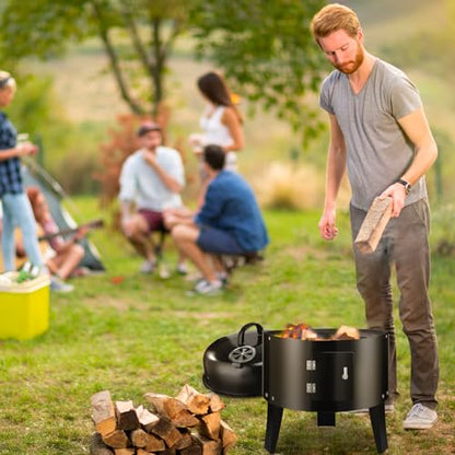 RYHOFOUD Vertical 19Inch Round Charcoal Smoker Grill,Heavy-Duty BBQ Smoker for Outdoor Smoking Multi-Layer Pellet Ideal for Meats-Offset Charcoal Grill with Hook,Thermometer,Black