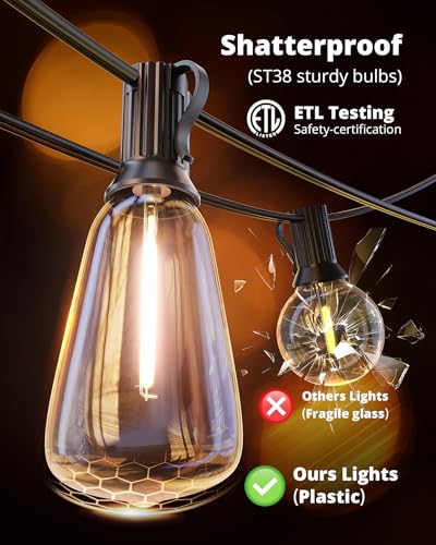 VIPAR Outdoor String Lights 25FT LED Patio Lights IPX5 Waterproof with 10+1 ST38 Shatterproof Edison Bulbs, 2700K Connectable Outside Hanging Light for Porch, Garden, Backyard, Deck, Balcony, Decor