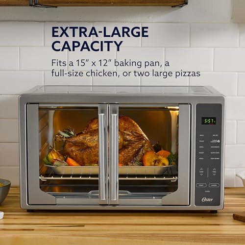 Oster Extra Large 42L French Door Countertop Toaster Oven, 10-in-1 Air Fryer Oven, with Air Fry Rack, Wire Rack, Baking Pan and Crumb Tray, Stainless Steel