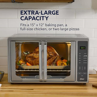 Oster Extra Large 42L French Door Countertop Toaster Oven, 10-in-1 Air Fryer Oven, with Air Fry Rack, Wire Rack, Baking Pan and Crumb Tray, Stainless Steel