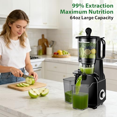 SUSTEAS Juicer Machines with 5.3" Extra Wide Chute, Cold Press Juicer for Whole Fruits & Vegetables, 64oz Large Capacity Juice Extractor, Easy to Clean, High Juice Yield, Home Juicer, Premium Black