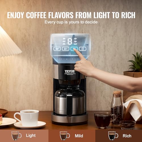 VEVOR Coffee Maker with Grinder, 8 Cup Programmable Coffee Machine, Grind and Brew Coffee Maker with 3 Brew Strength Control, Reusable Filter, Removable Water Tank, for Home Office Restaurant
