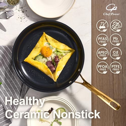 Chef Power Ceramic Frying Pan with Stainless Steel handle 5Pcs Set, Non-toxic Non Stick Grill Pan Set, Induction, Dishwasher and Oven Safe, Stone Black & Light Gold Handle, 8'', 9'', 11'' Skillet