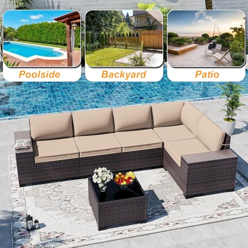 ASJMR Outdoor Patio Furniture Set, 6 Pieces Outdoor Sectional Furniture High Backrest Patio Sofa, All-Weather PE Rattan Patio Conversation Set with Coffee Table & Cushions-Sand.