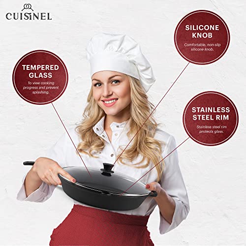 Cuisinel 15" Cast Iron Skillet + Glass Lid Cover + Pan Scraper + Heat-Resistant Silicone Handle Grip - Pre-seasoned Oven-Safe Kitchen Cookware - Indoor/Outdoor - Camping, Grilling, BBQ, Oven Safe