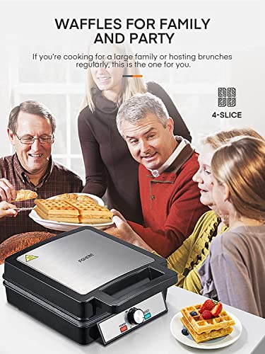 1200W Belgian Waffle Maker 4-Slice, Stainless Steel, 5 Browning Levels, Non-Stick Surfaces, Silver/Black, FOHERE - Perfect for Family Breakfasts (Black)
