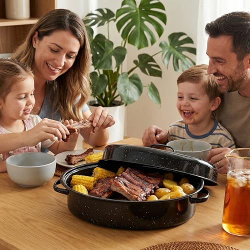 Oval Roasting Pan with Lid and Rack 18" Large Roaster Pan Set Comes With Lron Rack Enamel Cook Ware Dishwasher Compatibility Granite Oven Roaster