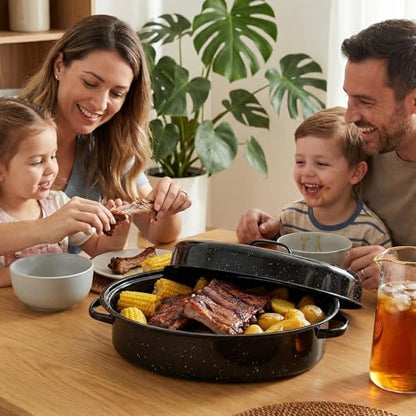 Oval Roasting Pan with Lid and Rack 18" Large Roaster Pan Set Comes With Lron Rack Enamel Cook Ware Dishwasher Compatibility Granite Oven Roaster