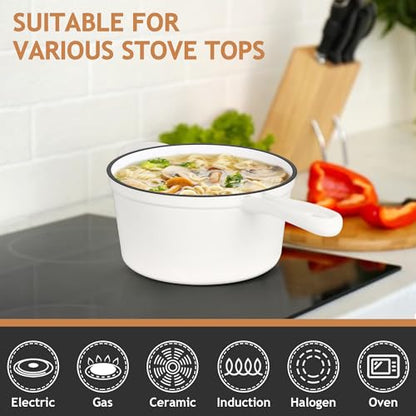 TeamFar 1QT Enameled Cast Iron Sauce Pan, Small Sauce Pot with Lid, Mini Dutch Oven Saucepan for Cooking/Simmering/Baking/Boiling, Sturdy & Nonstick, Oven Safe & Fit for Induction- White