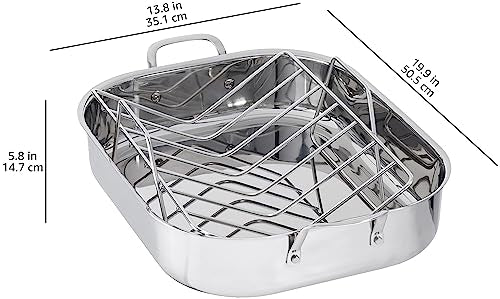 Amazon Basics Stainless Steel Rectangular Roasting Pan with Rack, Turkey Roaster, Dishwasher Safe, Easy to Clean, Oven Safe, 16 in