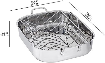 Amazon Basics Stainless Steel Rectangular Roasting Pan with Rack, Turkey Roaster, Dishwasher Safe, Easy to Clean, Oven Safe, 16 in