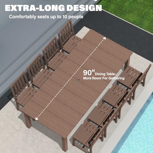 LOUNZY 11 Pieces Patio Dining Sets, 90'' Table Outdoor HDPE Furniture Set w/ 2" Hole Cut-Out Dining Table with 10 Patio Chairs(2 W/Armrest, 8 w/o Armrest), Brown