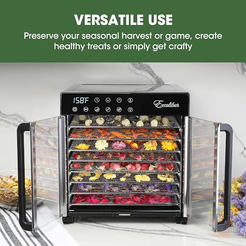 Excalibur Food Dehydrator 8-Tray for Jerky, Fruit, Vegetables, Herbs, Pet Treats, 7.2 Cu Ft Drying Space with Adjustable Temperature Control and 80 hour digital timer, 8-Tray, Stainless Steel