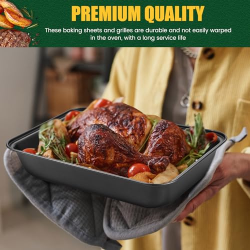 LOYIM 6 Pcs Roasting Pan with Rack Set 14/13/12" Stainless Steel Cookie Baking Sheet Pan and Flat Rack Baking Pans Sets Nonstick for Oven Cooking Roasting Kitchen Cookware