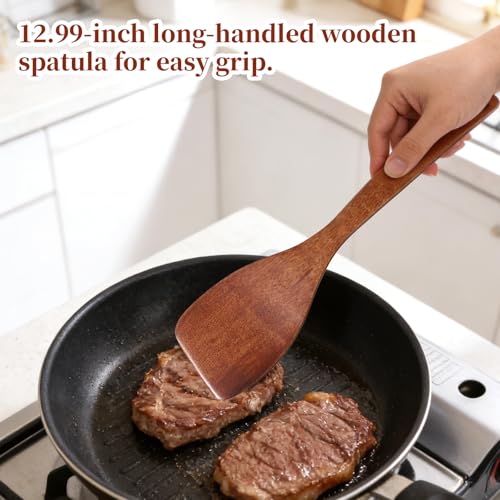 Wooden Spatula, Wooden Utensils for Cooking, Long Handle Wood Spatula Nonstick Thin Wooden-Spatula for Cooking Eggs, Fish, Pancakes