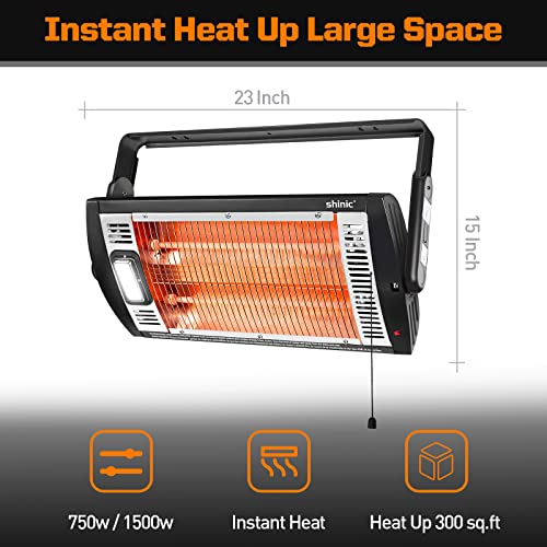 Shinic 2 Packs Electric Garage Heaters, 1500W/750W Ceiling Mounted Heater Radiant Heaters with Halogen Light, 90 Degree Rotation, 5 Mode Settings, Space Heater for Garage, Shop, Large Room and Patio