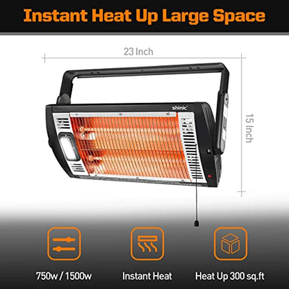 Shinic 2 Packs Electric Garage Heaters, 1500W/750W Ceiling Mounted Heater Radiant Heaters with Halogen Light, 90 Degree Rotation, 5 Mode Settings, Space Heater for Garage, Shop, Large Room and Patio